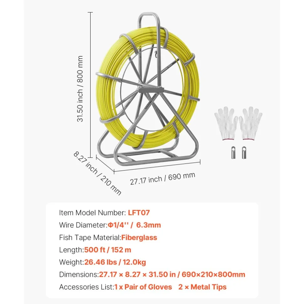 VEVOR Fish Tape Fiberglass, 656 ft, 5/16 in, Duct Rodder Fishtape Wire Puller, Cable Running Rod with Steel Reel Stand, 3 Pulling Heads, Fishing Tools for Walls and Electrical Conduit, Non-Conductive