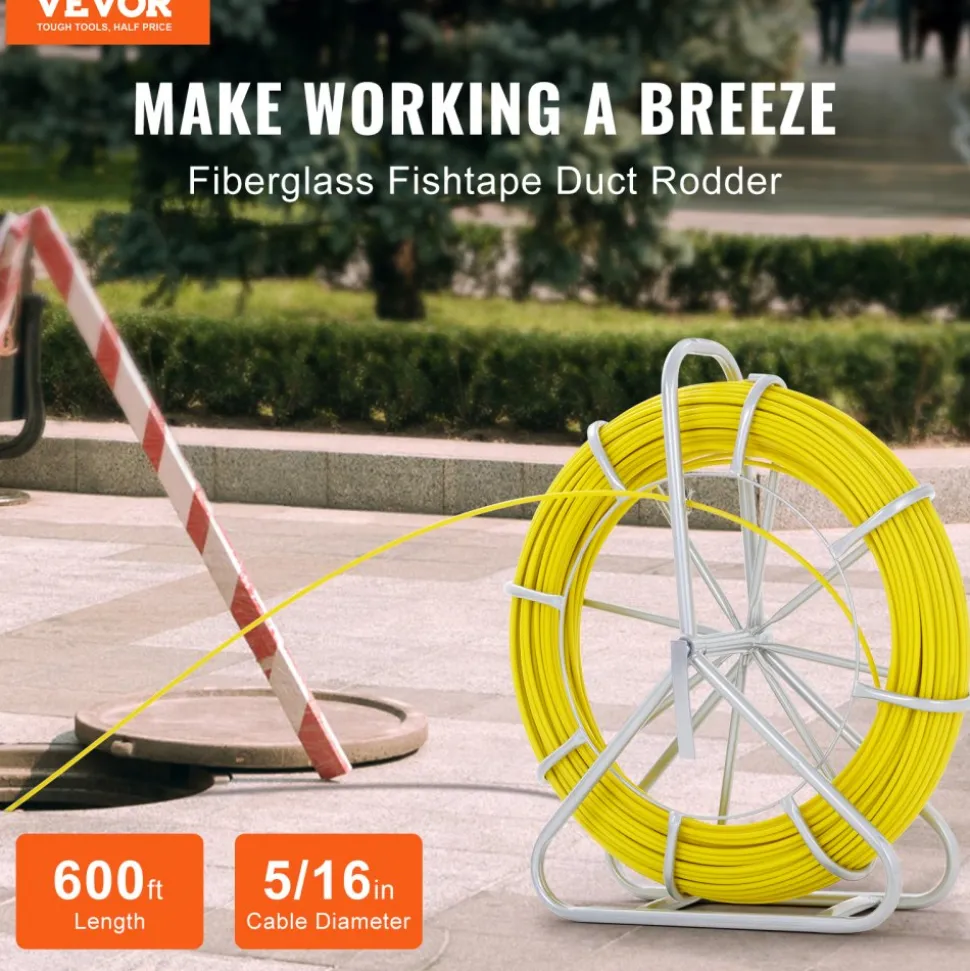 VEVOR Fish Tape Fiberglass, 600 ft, 5/16 in, Duct Rodder Fishtape Wire Puller, Cable Running Rod with Steel Reel Stand, 3 Pulling Heads, Fishing Tools for Walls and Electrical Conduit, Non-Conductive