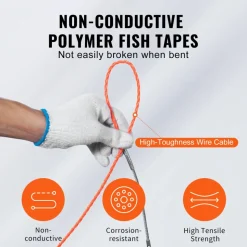 VEVOR Fish Tape, 100-foot, 1/4-inch, PET Wire Puller with Optimized Housing and Handle, Easy-to-Use Cable Puller Tool, Flexible Wire Fishing Tools for Walls and Electrical Conduit, Non-Conductive