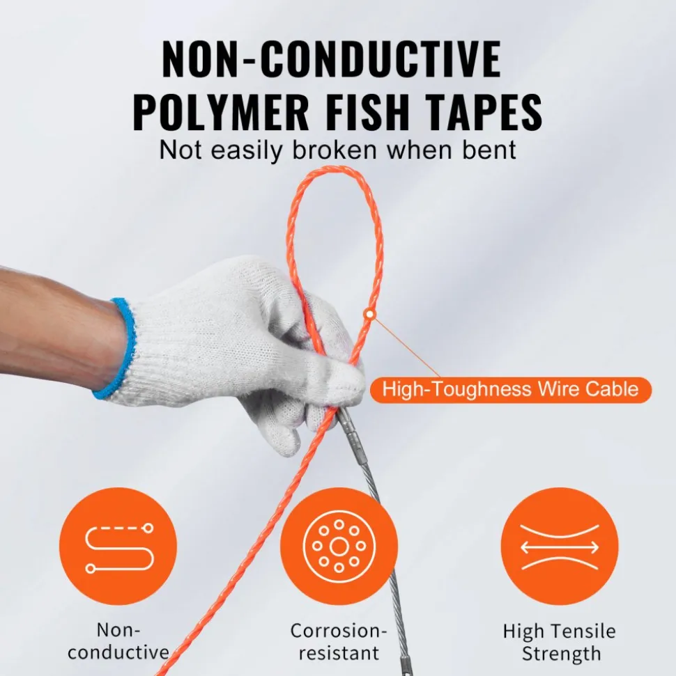 VEVOR Fish Tape, 100-foot, 1/4-inch, PET Wire Puller with Optimized Housing and Handle, Easy-to-Use Cable Puller Tool, Flexible Wire Fishing Tools for Walls and Electrical Conduit, Non-Conductive