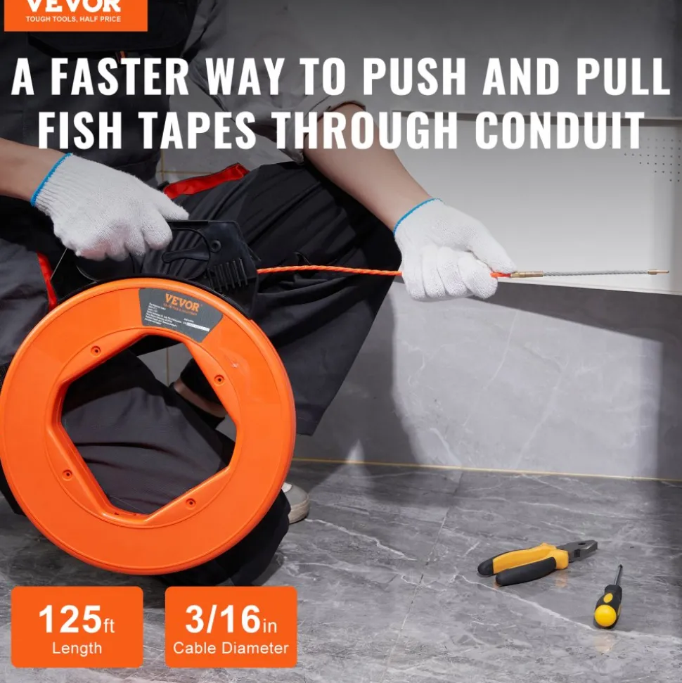 VEVOR Fish Tape, 125-foot, 3/16-inch, PET Wire Puller with Optimized Housing and Handle, Easy-to-Use Cable Puller Tool, Flexible Wire Fishing Tools for Walls and Electrical Conduit, Non-Conductive