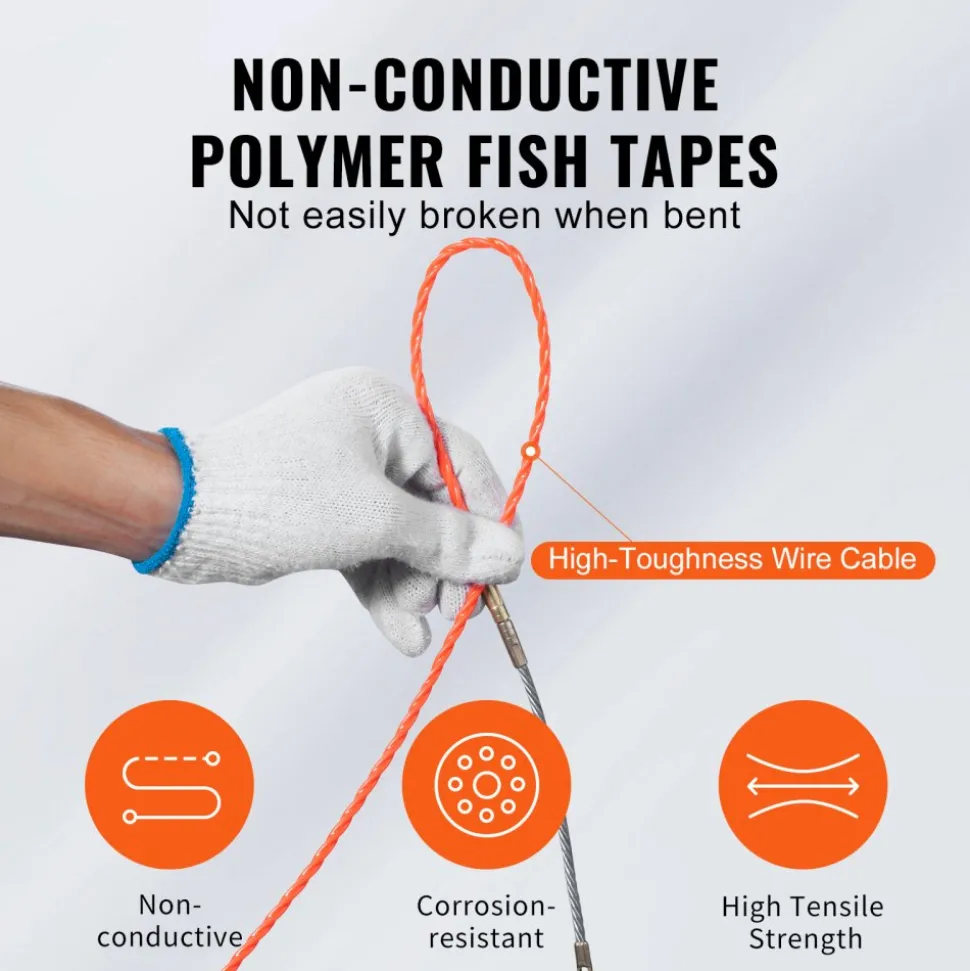 VEVOR Fish Tape, 125-foot, 3/16-inch, PET Wire Puller with Optimized Housing and Handle, Easy-to-Use Cable Puller Tool, Flexible Wire Fishing Tools for Walls and Electrical Conduit, Non-Conductive