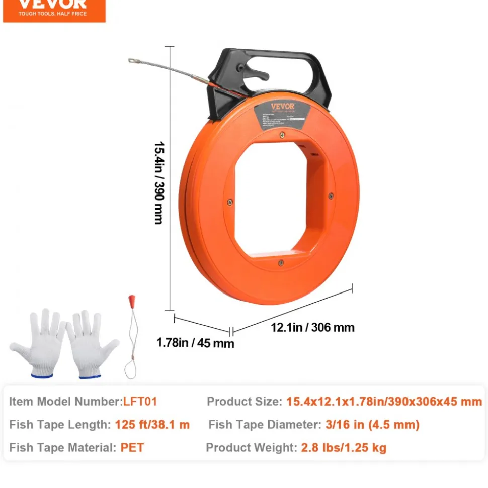 VEVOR Fish Tape, 125-foot, 3/16-inch, PET Wire Puller with Optimized Housing and Handle, Easy-to-Use Cable Puller Tool, Flexible Wire Fishing Tools for Walls and Electrical Conduit, Non-Conductive