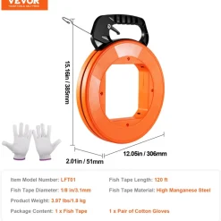 VEVOR Fish Tape, 120-foot, 1/8-inch, Steel Wire Puller with Optimized Housing and Handle, Easy-to-Use Cable Puller Tool, Flexible Wire Fishing Tools for Walls and Electrical Conduit, Non-Conductive