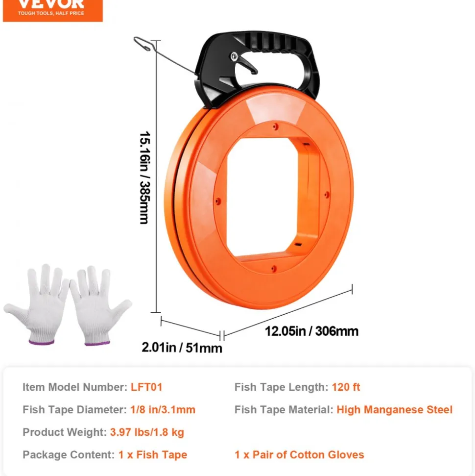 VEVOR Fish Tape, 120-foot, 1/8-inch, Steel Wire Puller with Optimized Housing and Handle, Easy-to-Use Cable Puller Tool, Flexible Wire Fishing Tools for Walls and Electrical Conduit, Non-Conductive