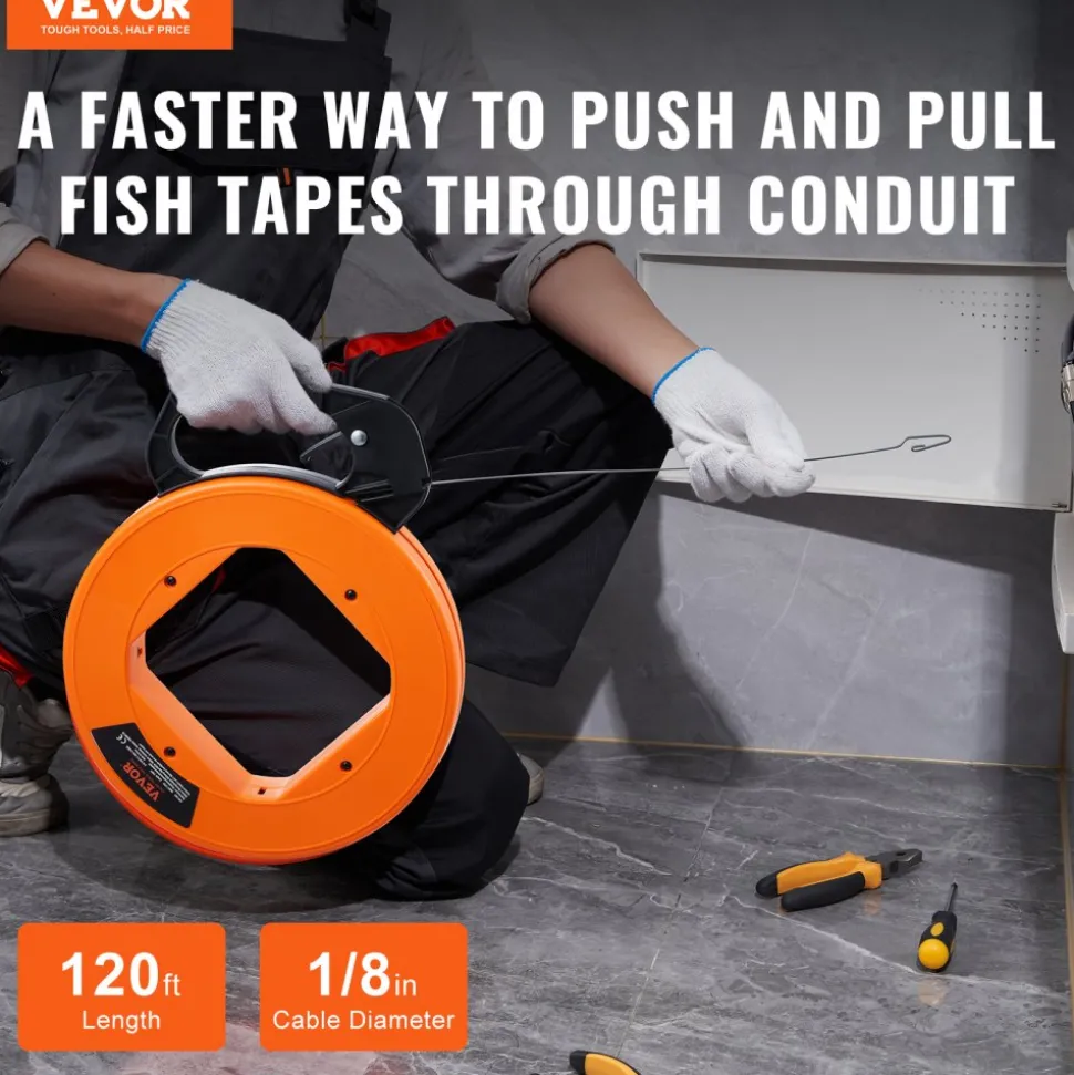 VEVOR Fish Tape, 120-foot, 1/8-inch, Steel Wire Puller with Optimized Housing and Handle, Easy-to-Use Cable Puller Tool, Flexible Wire Fishing Tools for Walls and Electrical Conduit, Non-Conductive