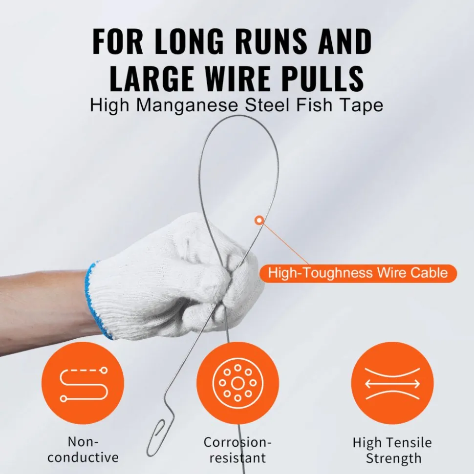VEVOR Fish Tape, 120-foot, 1/8-inch, Steel Wire Puller with Optimized Housing and Handle, Easy-to-Use Cable Puller Tool, Flexible Wire Fishing Tools for Walls and Electrical Conduit, Non-Conductive