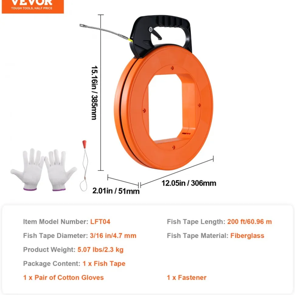 VEVOR Fish Tape, 200 ft, 3/16-inch, Fiberglass Wire Puller with Optimized Housing and Handle, Easy-to-Use Cable Puller Tool, Flexible Wire Fishing Tools for Wall and Electrical Conduit, Non-Conductive
