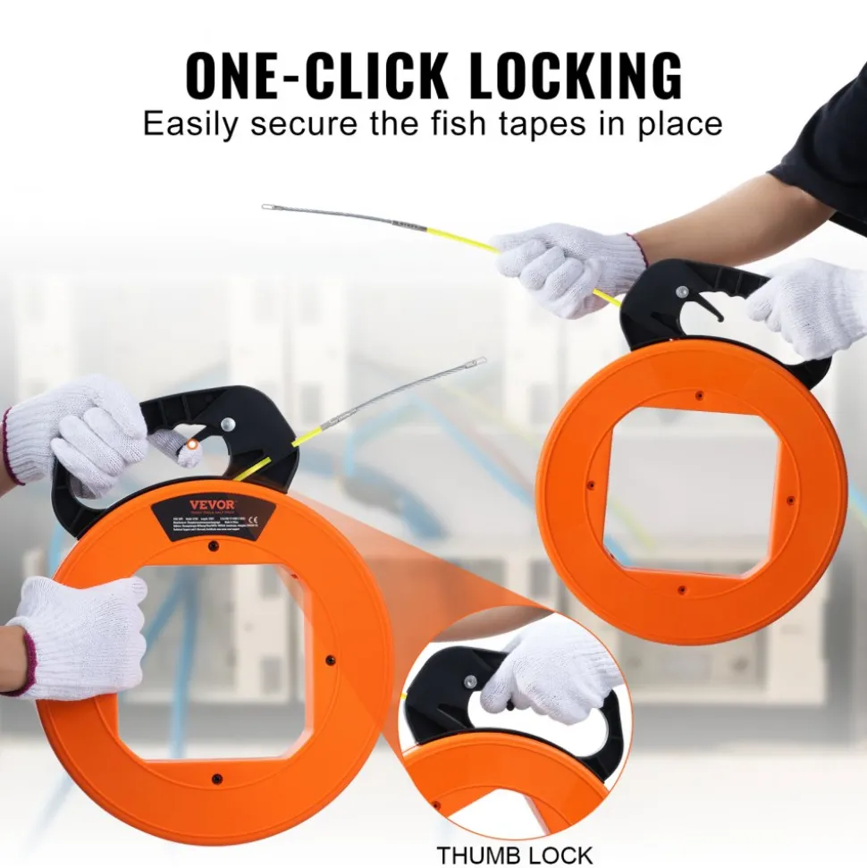 VEVOR Fish Tape, 200 ft, 3/16-inch, Fiberglass Wire Puller with Optimized Housing and Handle, Easy-to-Use Cable Puller Tool, Flexible Wire Fishing Tools for Wall and Electrical Conduit, Non-Conductive