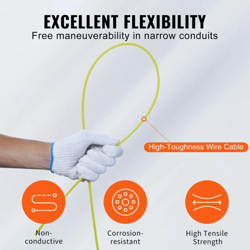 VEVOR Fish Tape, 200 ft, 3/16-inch, Fiberglass Wire Puller with Optimized Housing and Handle, Easy-to-Use Cable Puller Tool, Flexible Wire Fishing Tools for Wall and Electrical Conduit, Non-Conductive