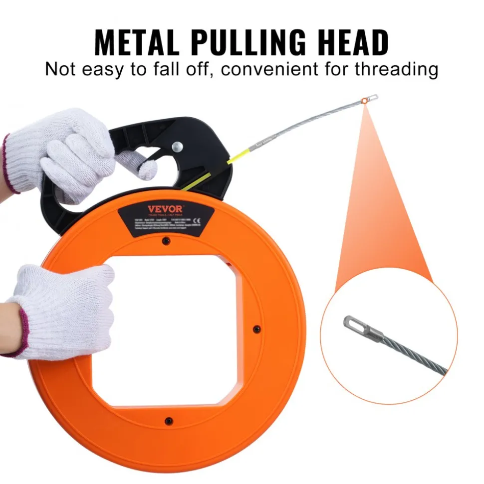 VEVOR Fish Tape, 200 ft, 3/16-inch, Fiberglass Wire Puller with Optimized Housing and Handle, Easy-to-Use Cable Puller Tool, Flexible Wire Fishing Tools for Wall and Electrical Conduit, Non-Conductive