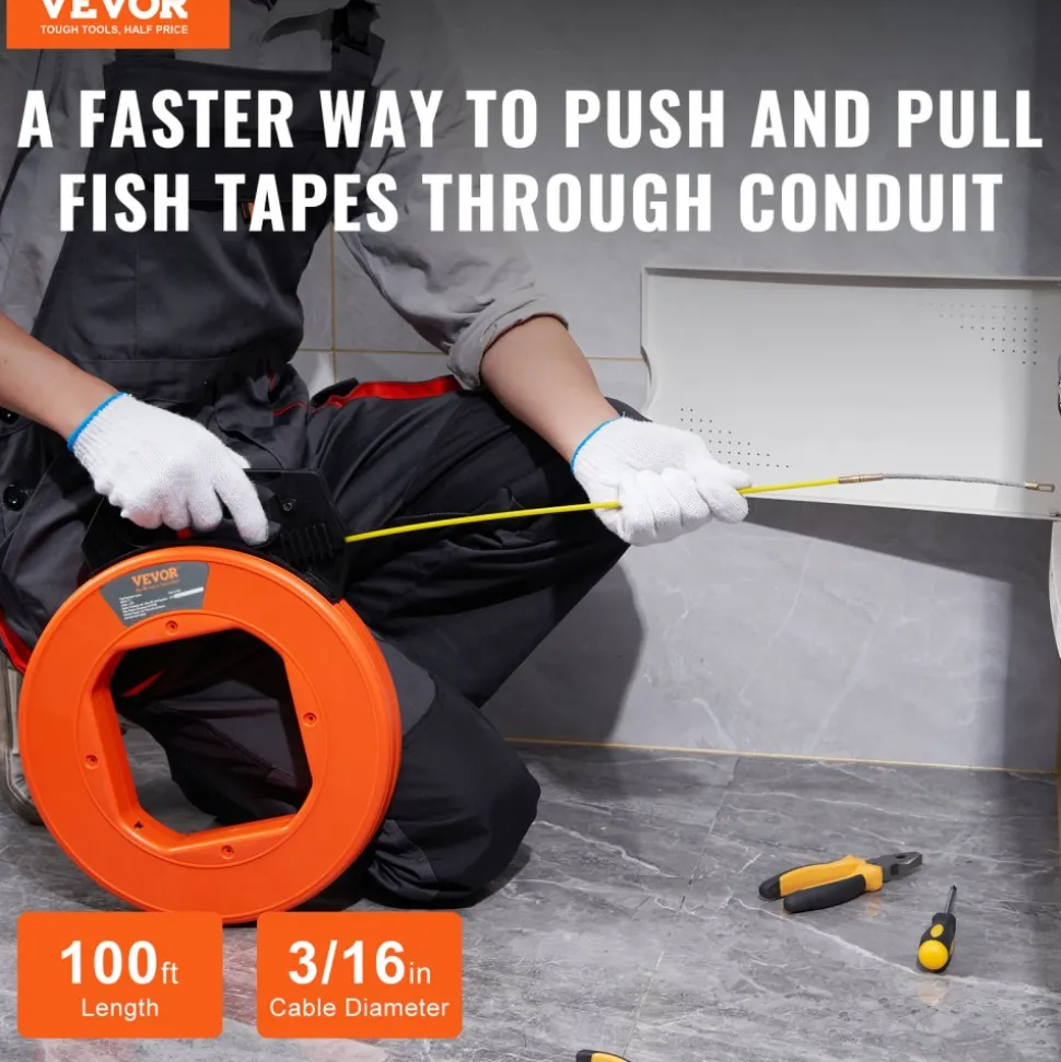 VEVOR Fish Tape, 100 ft, 3/16-inch, Fiberglass Cable Guide with Enhanced Casing and Grip, User-Friendly Wire Routing Instrument, Bendable Wiring Aid for Walls and Electrical Ducts, Insulating