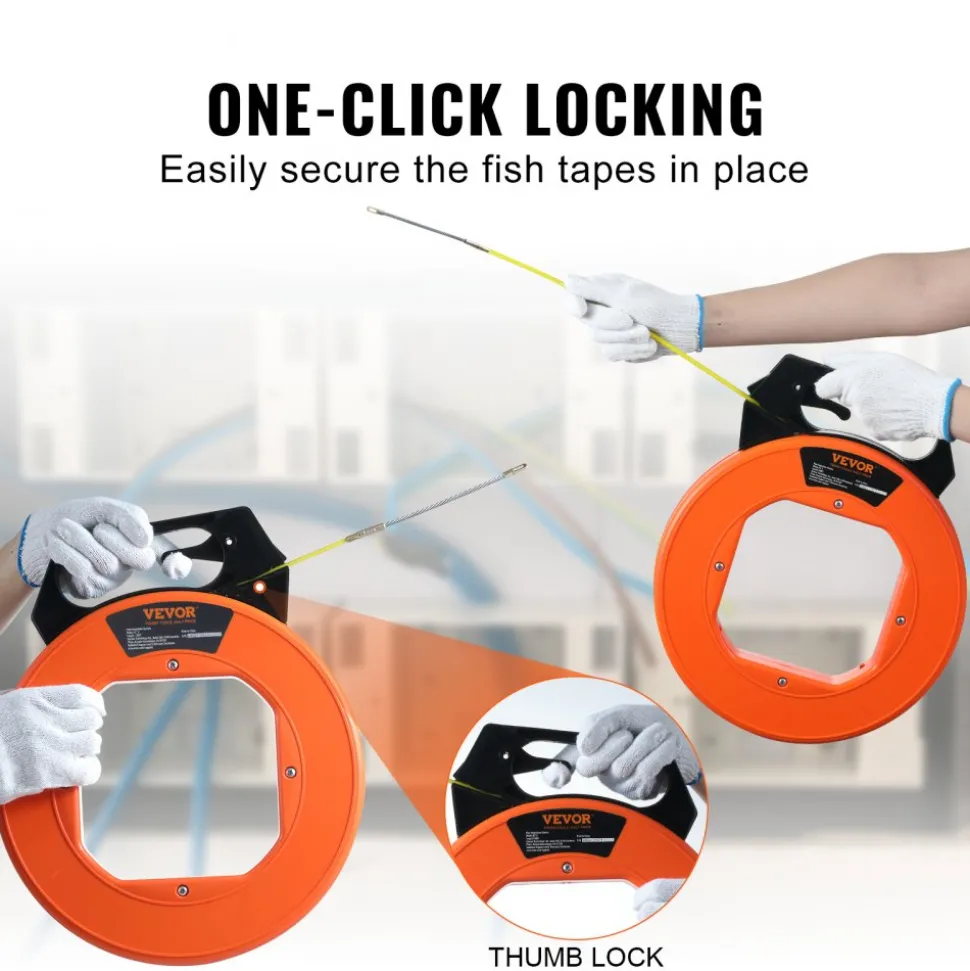VEVOR Fish Tape, 100 ft, 3/16-inch, Fiberglass Cable Guide with Enhanced Casing and Grip, User-Friendly Wire Routing Instrument, Bendable Wiring Aid for Walls and Electrical Ducts, Insulating