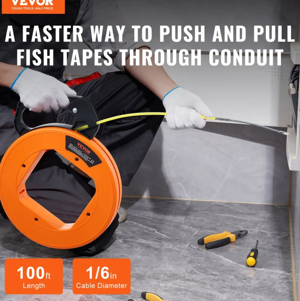 VEVOR Fish Tape, 100 ft, 1/6-inch, Fiberglass Wire Puller with Optimized Housing and Handle, Easy-to-Use Cable Puller Tool, Flexible Wire Fishing Tools for Wall and Electrical Conduit, Non-Conductive