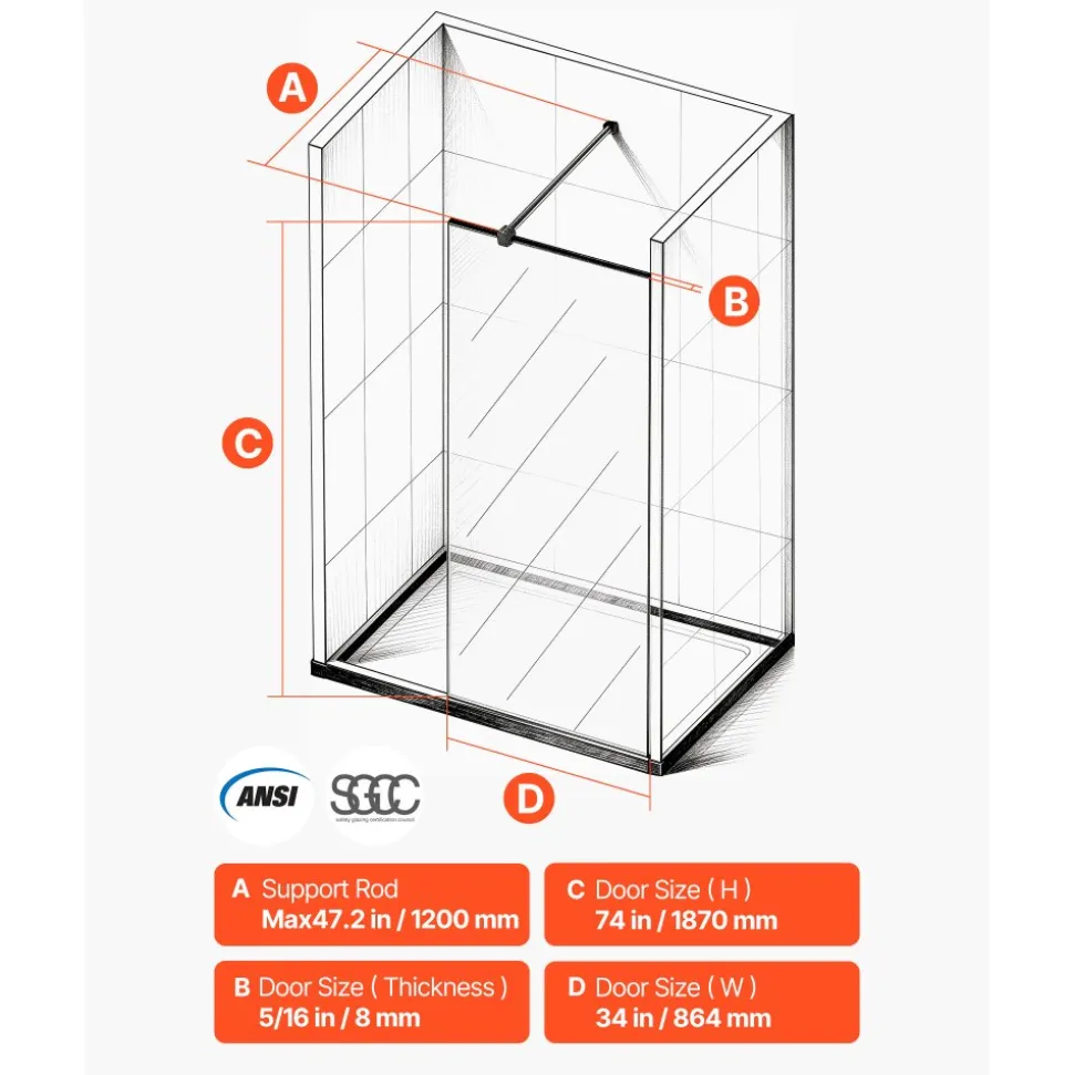 VEVOR Fixed Glass Shower Panel, 34 x 73.6 in Full-Framed Fixed Shower Screen, 5/16 in Thick Clear Tempered Glass Door with Bottom Seal Strip and Hardware, Easy to Clean, for Bathroom, Matte Black