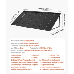 VEVOR Fixed Metal Awning 80 x 36 in, Window Awning Door Canopy, Stable Triangle Steel Frame Exterior Awnings Rain, and Snow Sunlight Protection for Door Entrance, Windows, Porches, Balconies