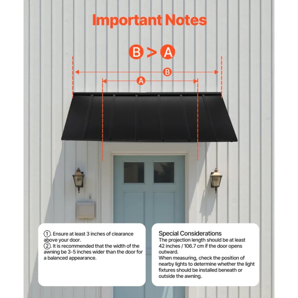 VEVOR Fixed Metal Awning 80 x 36 in, Window Awning Door Canopy, Stable Triangle Steel Frame Exterior Awnings Rain, and Snow Sunlight Protection for Door Entrance, Windows, Porches, Balconies
