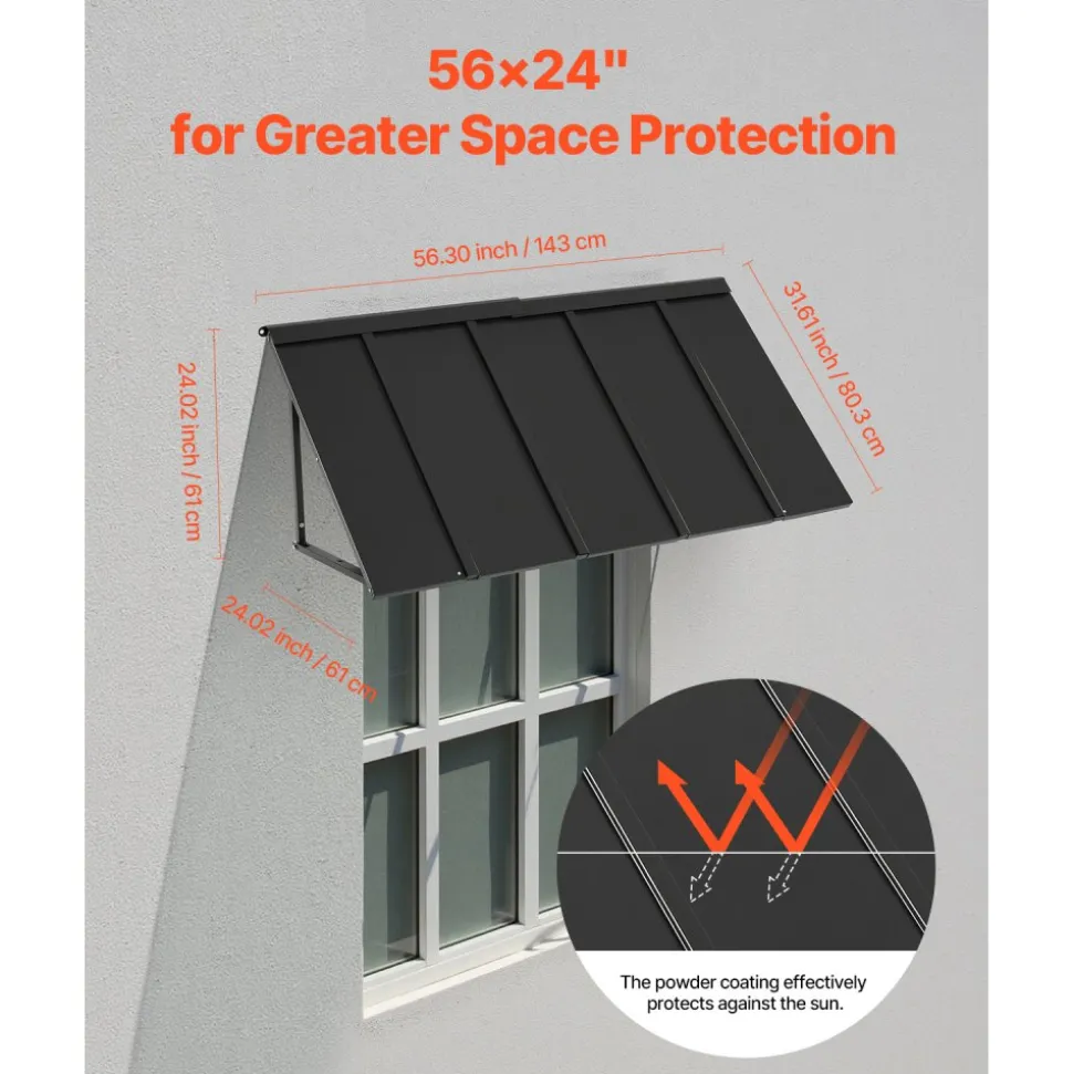 VEVOR Fixed Metal Awning 56 x 24 in, Window Awning Door Canopy, Stable Triangle Steel Frame Awnings for Doors Exterior Rain, and Snow Sunlight Protection for Door Entrance, Windows, Porches, Balconies