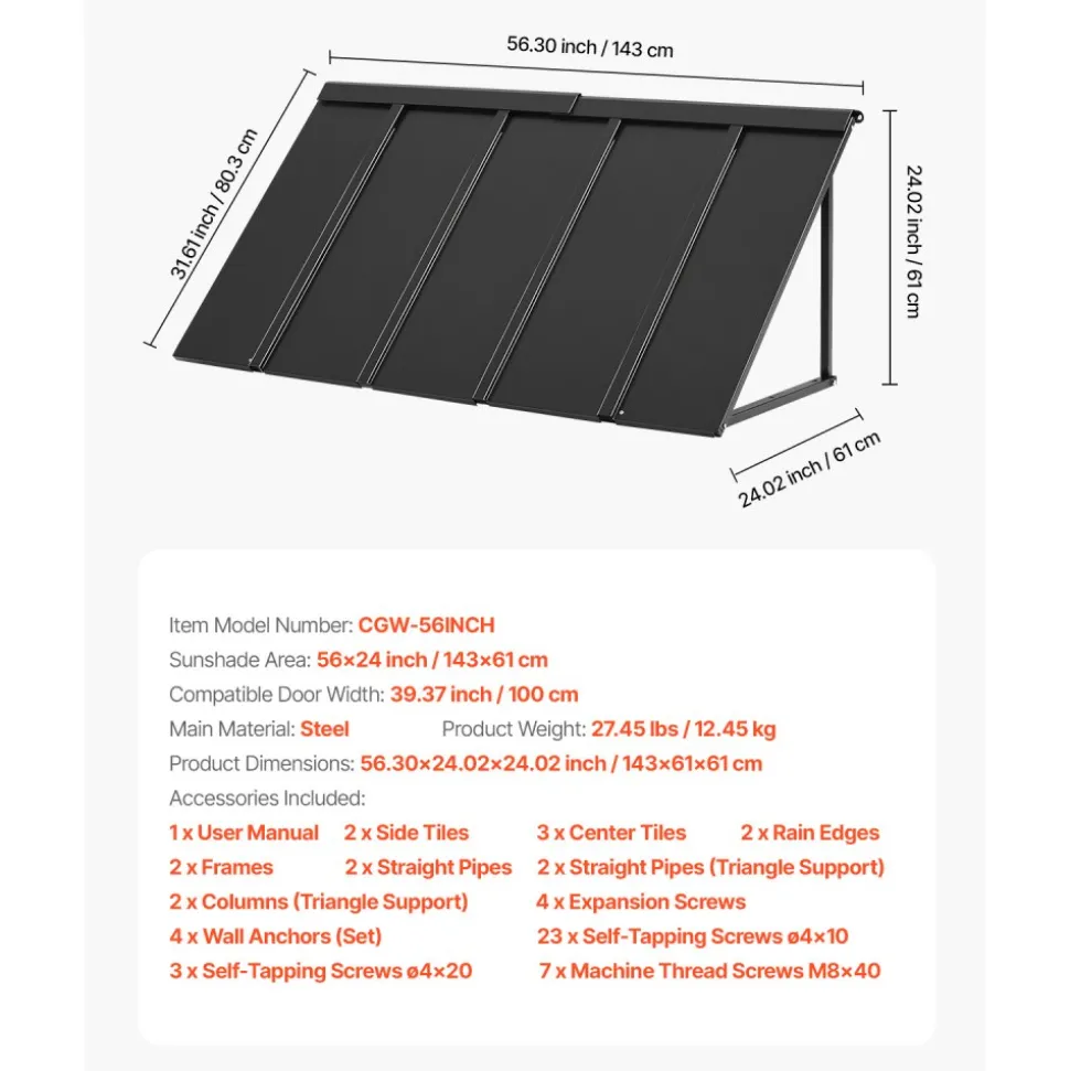 VEVOR Fixed Metal Awning 56 x 24 in, Window Awning Door Canopy, Stable Triangle Steel Frame Awnings for Doors Exterior Rain, and Snow Sunlight Protection for Door Entrance, Windows, Porches, Balconies