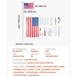 VEVOR Flag Pole, 25ft Heavy Duty Sectional Flagpole Kit for Outside House In Ground, Extra Thick Outdoor Aluminum Flagpole Kit with 3x5 American Flag for Yard, Residential or Commercial Use, Silver