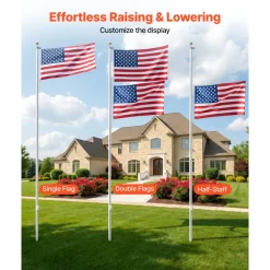 VEVOR Flag Pole, 25ft Heavy Duty Sectional Flagpole Kit for Outside House In Ground, Extra Thick Outdoor Aluminum Flagpole Kit with 3x5 American Flag for Yard, Residential or Commercial Use, Silver