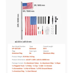 VEVOR Flag Pole, 20ft Heavy Duty Sectional Flagpole Kit for Outside House In Ground, Extra Thick Outdoor Aluminum Flagpole Kit with 3x5 American Flag for Yard, Residential or Commercial Use, Black