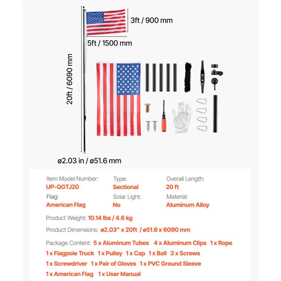 VEVOR Flag Pole, 20ft Heavy Duty Sectional Flagpole Kit for Outside House In Ground, Extra Thick Outdoor Aluminum Flagpole Kit with 3x5 American Flag for Yard, Residential or Commercial Use, Black