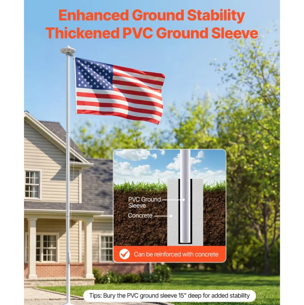 VEVOR Flag Pole, 20ft Heavy Duty Sectional Flagpole Kit with 136 LED Solar Light for Outside House In Ground, Outdoor Aluminum Flagpole with 3x5 American Flag for Yard, Residential, Commercial, Silver