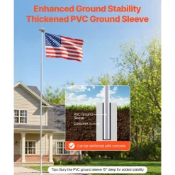 VEVOR Flag Pole, 25ft Heavy Duty Sectional Flagpole Kit with 136 LED Solar Light for Outside House In Ground, Outdoor Aluminum Flagpole with 3x5 American Flag for Yard, Residential, Commercial, Silver