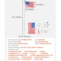 VEVOR Flag Pole, 25ft Heavy Duty Sectional Flagpole Kit with 136 LED Solar Light for Outside House In Ground, Outdoor Aluminum Flagpole with 3x5 American Flag for Yard, Residential, Commercial, Silver