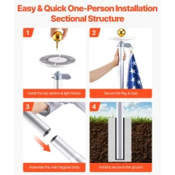 VEVOR Flag Pole, 25ft Heavy Duty Sectional Flagpole Kit with 136 LED Solar Light for Outside House In Ground, Outdoor Aluminum Flagpole with 3x5 American Flag for Yard, Residential, Commercial, Silver