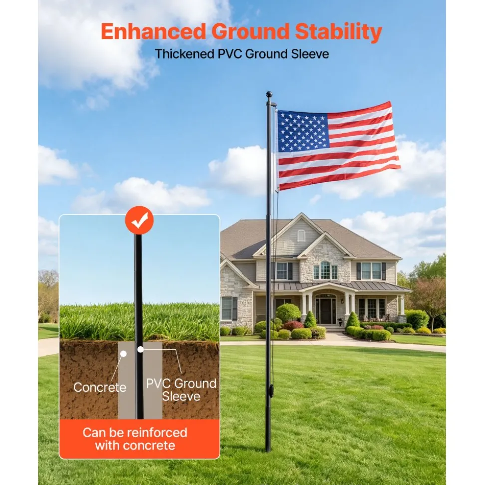 VEVOR Flag Pole, 20ft Heavy Duty Sectional Flagpole Kit for Outside House In Ground, Extra Thick Outdoor Aluminum Flagpole Kit with 3x5 American Flag for Yard, Residential or Commercial Use, Silver