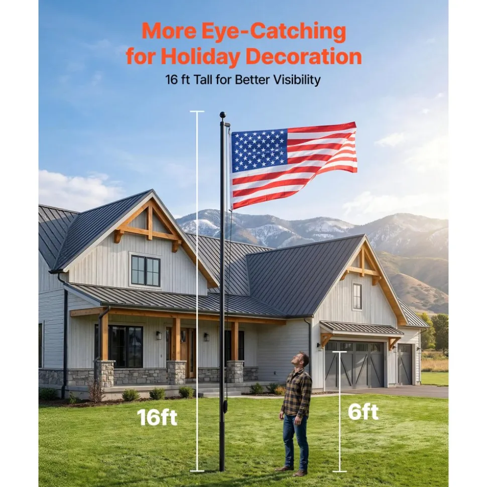 VEVOR Flag Pole, 20ft Heavy Duty Sectional Flagpole Kit for Outside House In Ground, Extra Thick Outdoor Aluminum Flagpole Kit with 3x5 American Flag for Yard, Residential or Commercial Use, Silver