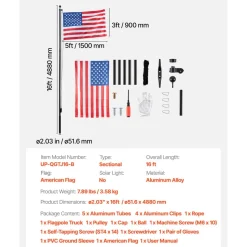 VEVOR Flag Pole, 20ft Heavy Duty Sectional Flagpole Kit for Outside House In Ground, Extra Thick Outdoor Aluminum Flagpole Kit with 3x5 American Flag for Yard, Residential or Commercial Use, Silver