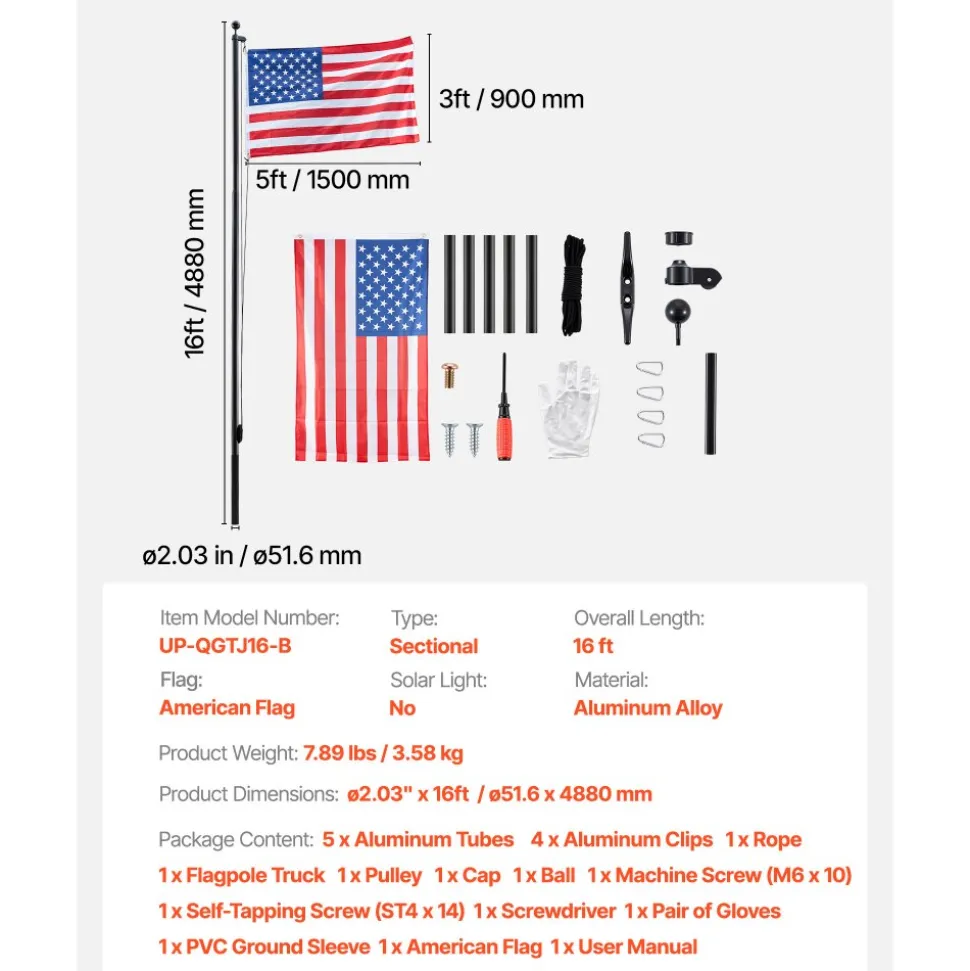 VEVOR Flag Pole, 20ft Heavy Duty Sectional Flagpole Kit for Outside House In Ground, Extra Thick Outdoor Aluminum Flagpole Kit with 3x5 American Flag for Yard, Residential or Commercial Use, Silver