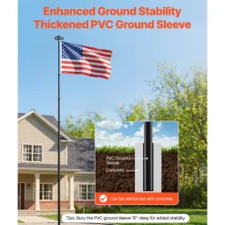 VEVOR Flag Pole, 25ft Heavy Duty Telescopic Flagpole Kit with 136 LED Solar Light for Outside House In Ground, Outdoor Aluminum Flagpole with 3x5 American Flag for Yard, Residential, Commercial, Black