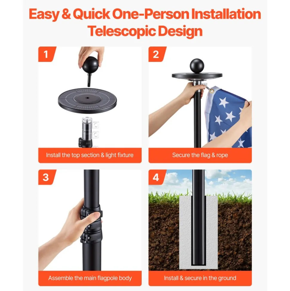 VEVOR Flag Pole, 25ft Heavy Duty Telescopic Flagpole Kit with 136 LED Solar Light for Outside House In Ground, Outdoor Aluminum Flagpole with 3x5 American Flag for Yard, Residential, Commercial, Black