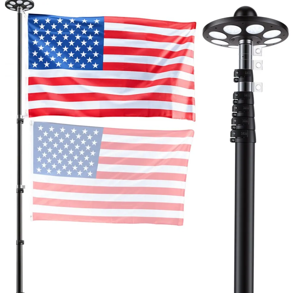 VEVOR Flag Pole, 25ft Heavy Duty Telescopic Flagpole Kit with 136 LED Solar Light for Outside House In Ground, Outdoor Aluminum Flagpole with 3x5 American Flag for Yard, Residential, Commercial, Black