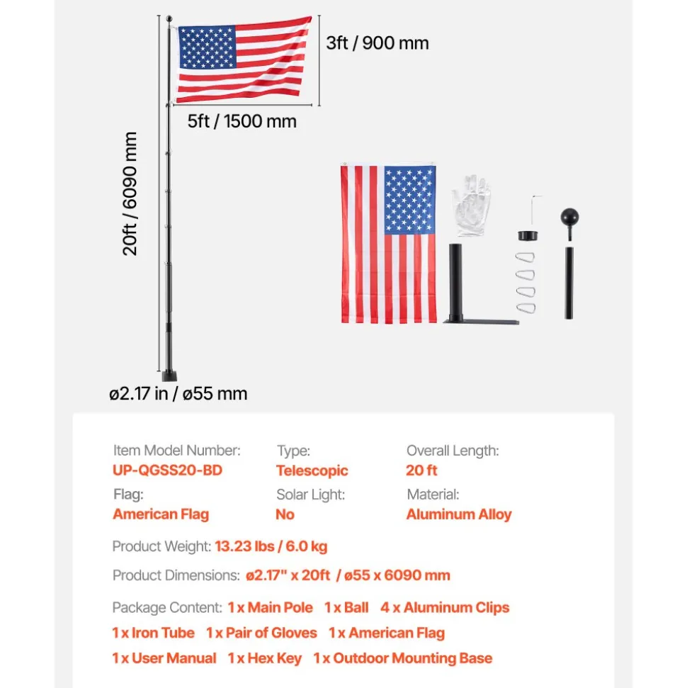 VEVOR Flag Pole, 20ft Heavy Duty Telescopic Flagpole Kit with Mounting Base for Vehicles, Extra Thick Outdoor Aluminum Flagpole Kit with 3x5 American Flag for Sedans, Pickups, RVs, Food Trucks, Black