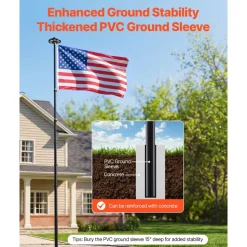 VEVOR Flag Pole, 20ft Heavy Duty Telescopic Flagpole Kit with 136 LED Solar Light for Outside House In Ground, Outdoor Aluminum Flagpole with 3x5 American Flag for Yard, Residential, Commercial, Black