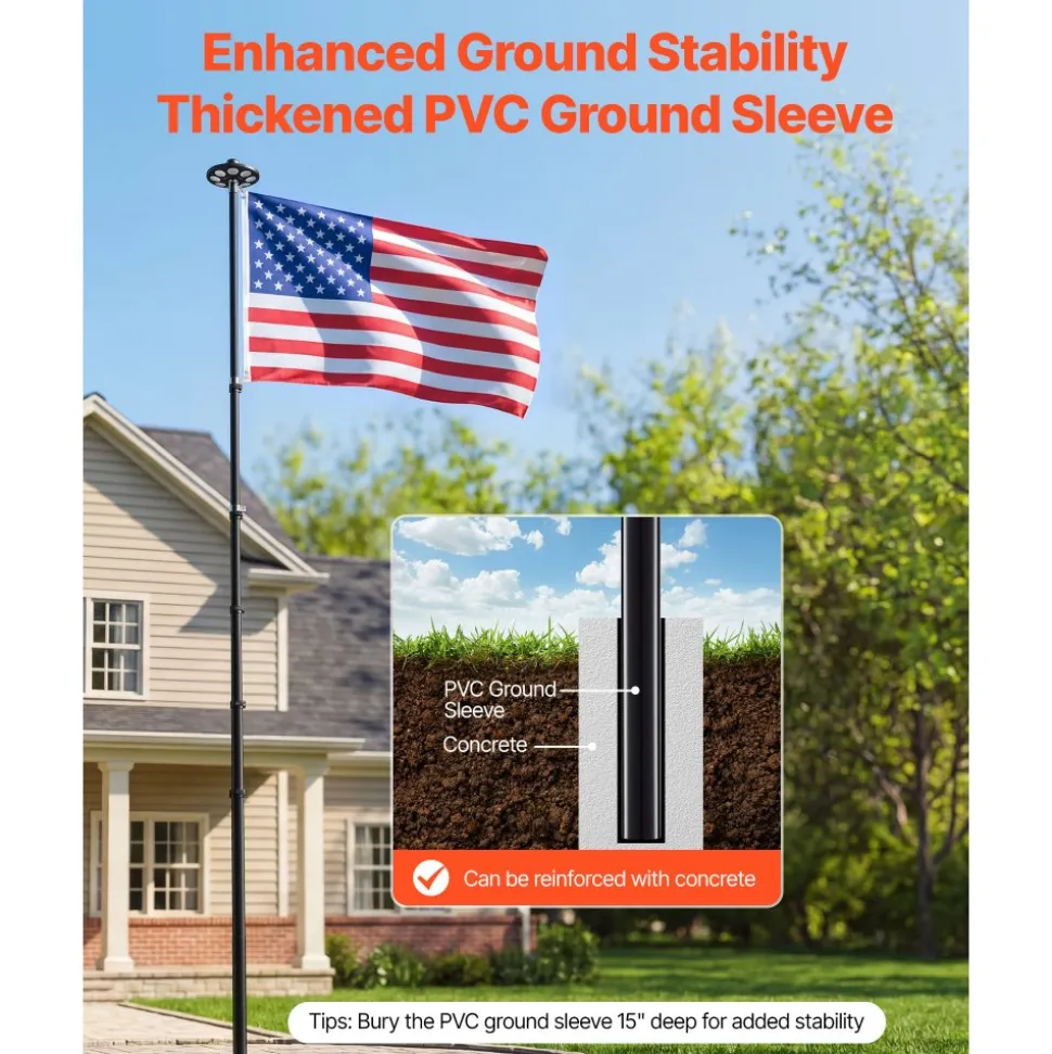 VEVOR Flag Pole, 20ft Heavy Duty Telescopic Flagpole Kit with 136 LED Solar Light for Outside House In Ground, Outdoor Aluminum Flagpole with 3x5 American Flag for Yard, Residential, Commercial, Black