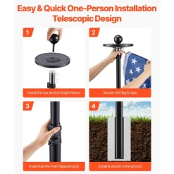 VEVOR Flag Pole, 20ft Heavy Duty Telescopic Flagpole Kit with 136 LED Solar Light for Outside House In Ground, Outdoor Aluminum Flagpole with 3x5 American Flag for Yard, Residential, Commercial, Black