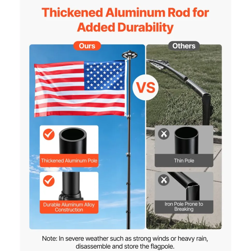 VEVOR Flag Pole, 20ft Heavy Duty Telescopic Flagpole Kit with 136 LED Solar Light for Outside House In Ground, Outdoor Aluminum Flagpole with 3x5 American Flag for Yard, Residential, Commercial, Black