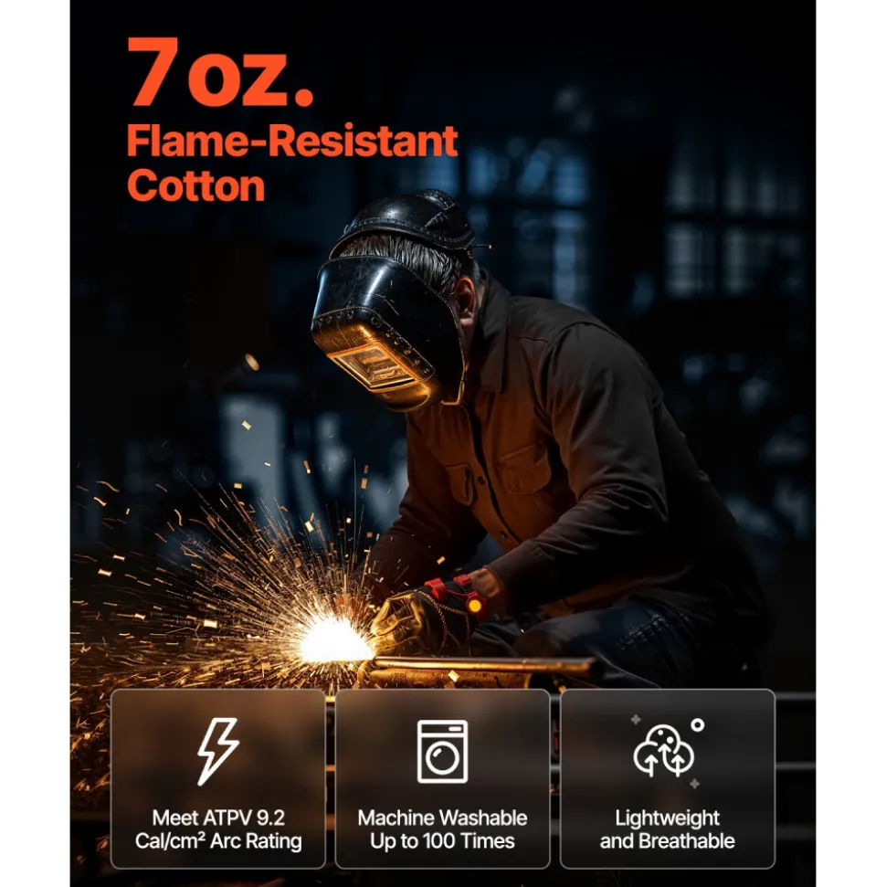 VEVOR Flame Resistant Welding Jacket, 7oz. FR Shirts for Men, Machine Washable Cotton Heat-Resistant Welding Shirt, Meets ATPV 9.2 Cal/cm² Arc Rating - XL Size