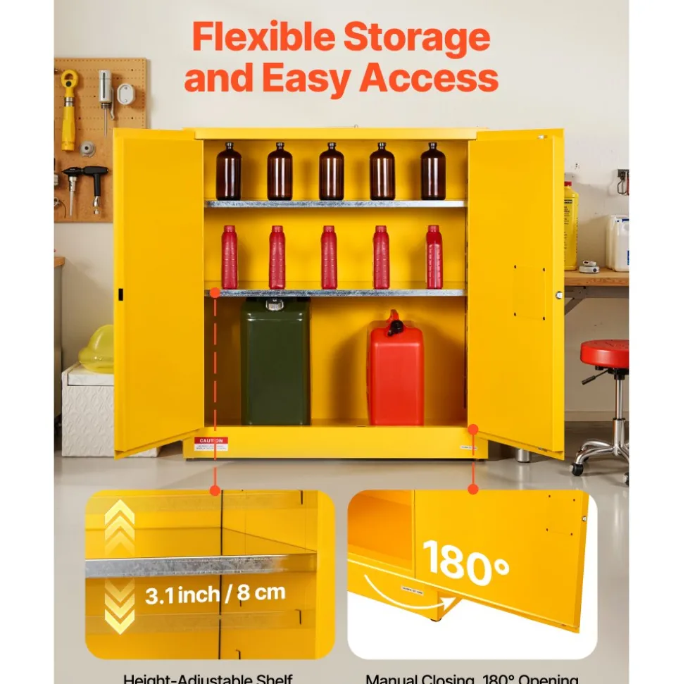 VEVOR Flammable Cabinet, 43.0 x 18.1 x 46.4 Inch, 29 Gallon Flammable Storage Cabinet with Adjustable Shelf, Cold-Rolled and Galvanized Steel Fire Cabinets, for Commercial Industrial Home Use, Yellow