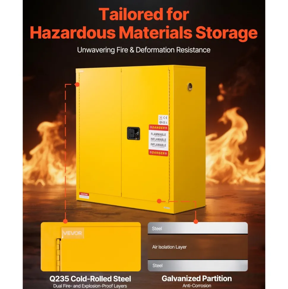 VEVOR Flammable Cabinet, 43.0 x 18.1 x 46.4 Inch, 29 Gallon Flammable Storage Cabinet with Adjustable Shelf, Cold-Rolled and Galvanized Steel Fire Cabinets, for Commercial Industrial Home Use, Yellow