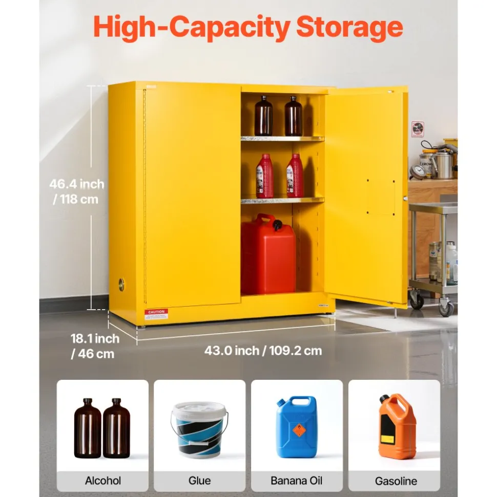 VEVOR Flammable Cabinet, 43.0 x 18.1 x 46.4 Inch, 29 Gallon Flammable Storage Cabinet with Adjustable Shelf, Cold-Rolled and Galvanized Steel Fire Cabinets, for Commercial Industrial Home Use, Yellow