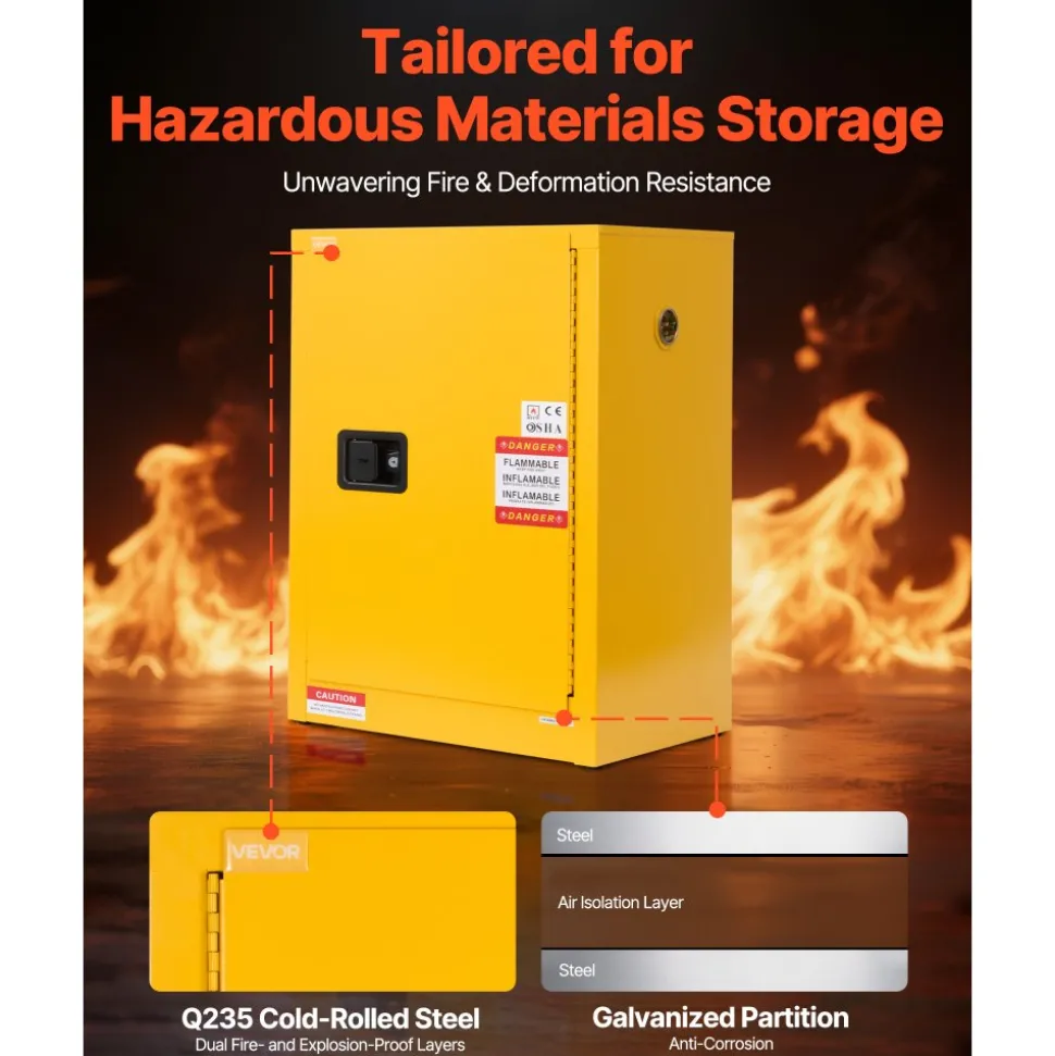 VEVOR Flammable Cabinet, 23.2 x 18.1 x 35.4 Inch, 13 Gallon Flammable Storage Cabinet with Adjustable Shelf, Cold-Rolled and Galvanized Steel Fire Cabinets, for Commercial Industrial Home Use, Yellow