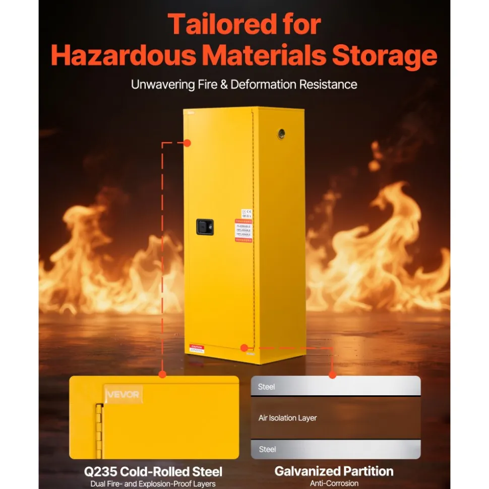 VEVOR Flammable Cabinet, 23.2 x 18.1 x 65.0 inch, 23 Gallon Flammable Storage Cabinet with Adjustable Shelf, Cold-Rolled and Galvanized Steel Fire Cabinets, for Commercial Industrial Home Use, Yellow