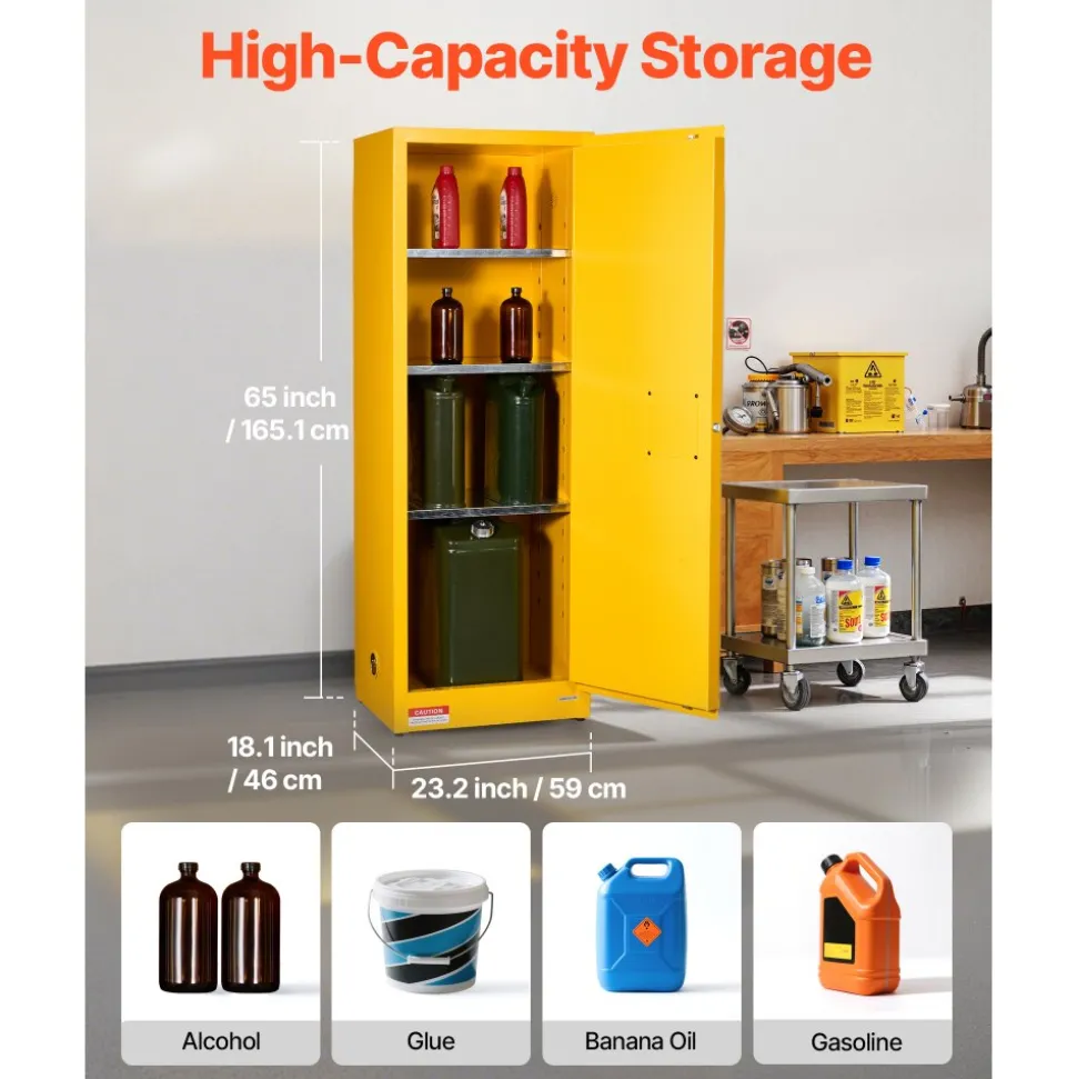 VEVOR Flammable Cabinet, 23.2 x 18.1 x 65.0 inch, 23 Gallon Flammable Storage Cabinet with Adjustable Shelf, Cold-Rolled and Galvanized Steel Fire Cabinets, for Commercial Industrial Home Use, Yellow